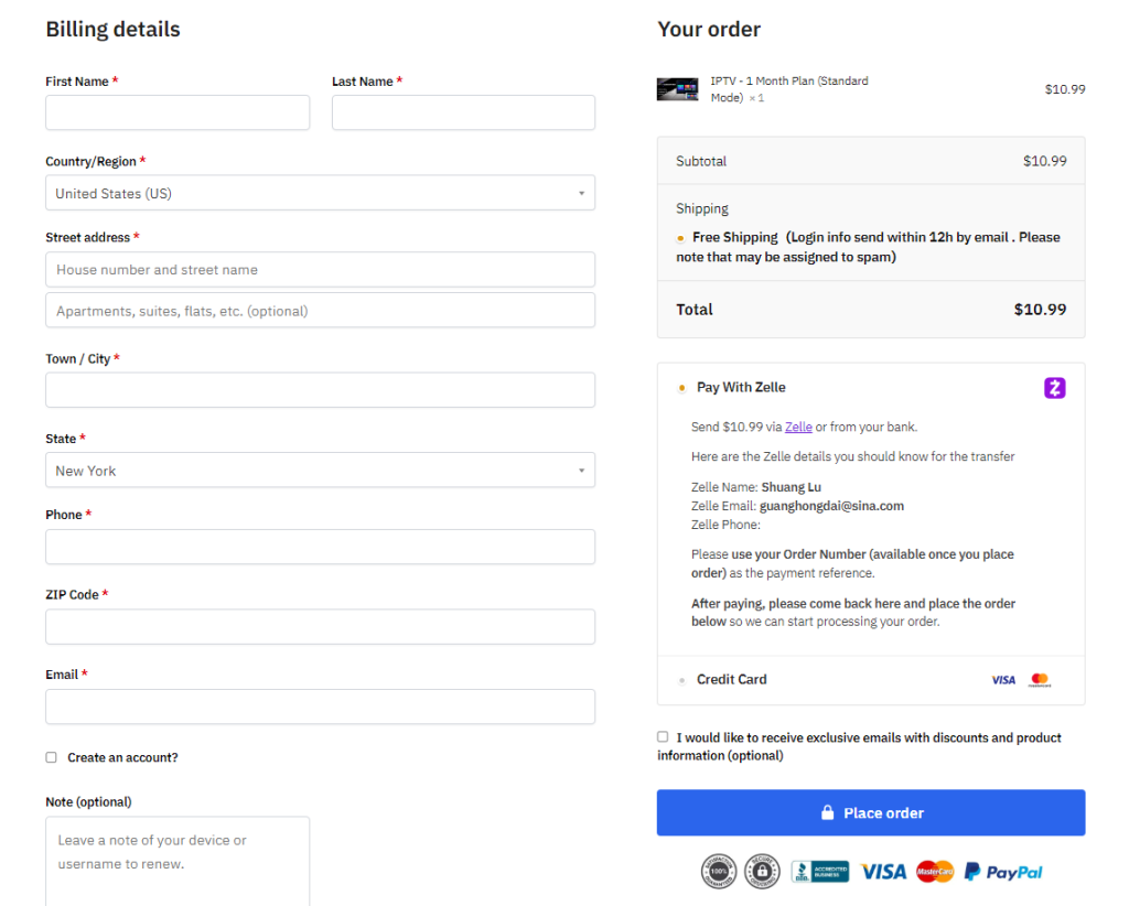 tap the Place order button to get Fluxus IPTV